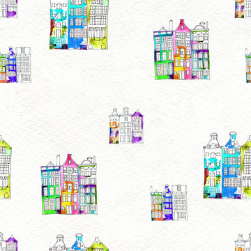 Netherlands houses hand drawn seamless pattern. Doodle background. Wrapping paper with Amsterdam city, old town. Decorative watercolor wallpaper, good for print