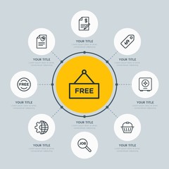 Circle network chart business, mobile, shopping infographic template with 8 options for presentations, advertising, annual reports.