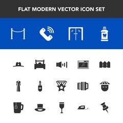 Modern, simple vector icon set with female, phone, glass, brush, sheriff, hygiene, car, award, handle, alcohol, texas, cowboy, fence, wine, door, electric, dress, speaker, black, sound, makeup icons