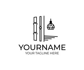 Construction with sewerage, water supply, electric lighting and floor covering, logo template. Build building, property, house and home, vector design. Project and blueprint of multi-storey building