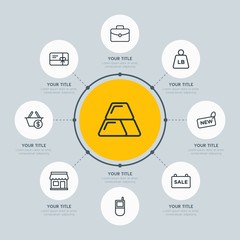 Circle network chart business, mobile, shopping infographic template with 8 options for presentations, advertising, annual reports.