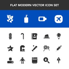 Modern, simple vector icon set with lollipop, spring, sky, phone, energy, parachute, green, parachuting, star, headwear, hat, ball, safety, food, travel, telephone, soap, league, style, traffic icons