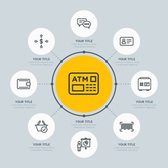 Circle network chart business, mobile, shopping infographic template with 8 options for presentations, advertising, annual reports.