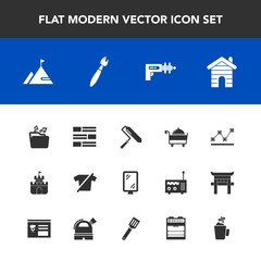 Modern, simple vector icon set with food, news, service, house, file, tool, hot, street, estate, space, restaurant, science, graph, drink, newspaper, plastic, stats, sign, weapon, chart, roller icons