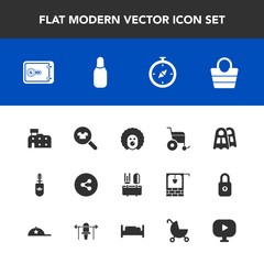 Modern, simple vector icon set with stroller, brush, clothing, sport, finance, holiday, video, north, bank, mascara, architecture, wheelchair, city, character, button, leather, handicap, sign icons