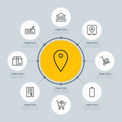 Circle network chart business, mobile, shopping infographic template with 8 options for presentations, advertising, annual reports.