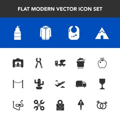 Modern, simple vector icon set with equipment, nature, departure, tent, repair, mixer, meal, airplane, flight, home, baby, plant, toy, green, spray, cactus, desert, apple, dinner, reparation icons