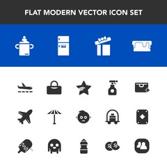 Modern, simple vector icon set with sad, flight, kid, sign, box, airplane, japan, baby, chemical, pie, umbrella, aircraft, equipment, fridge, travel, cute, bottle, bag, holiday, present, kitchen icons