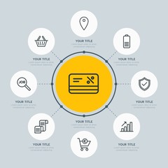 Circle network chart business, mobile, shopping infographic template with 8 options for presentations, advertising, annual reports.