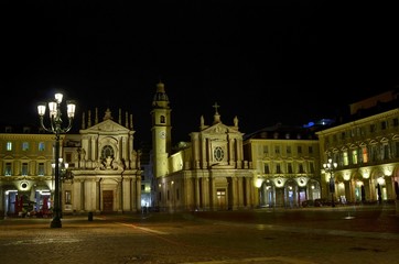 Turin, Piedmont, Italy May 12 2018. Piazza San Carlo at night, one of the most beautiful squares in Turin.