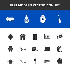 Modern, simple vector icon set with spaceship, ticket, summer, ring, kitchen, estate, can, seat, dental, fitness, ufo, bin, spacecraft, call, house, snorkel, garbage, recycling, bed, air, home icons