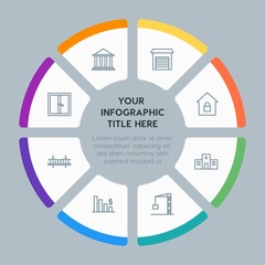 Circle chart business, industry, buildings infographic template with 8 options for presentations, advertising, annual reports
