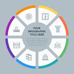 Circle chart business, industry, buildings infographic template with 8 options for presentations, advertising, annual reports