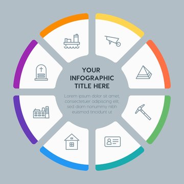 Circle chart business, industry, buildings infographic template with 8 options for presentations, advertising, annual reports