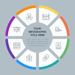 Circle chart business, industry, buildings infographic template with 8 options for presentations, advertising, annual reports