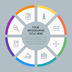 Circle chart business, industry, buildings infographic template with 8 options for presentations, advertising, annual reports