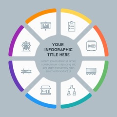 Circle chart business, industry, buildings infographic template with 8 options for presentations, advertising, annual reports