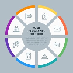Circle chart business, industry, buildings infographic template with 8 options for presentations, advertising, annual reports