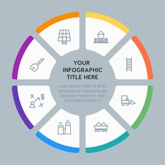 Circle chart business, industry, buildings infographic template with 8 options for presentations, advertising, annual reports
