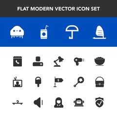Modern, simple vector icon set with location, liquid, dish, cold, finance, hairdryer, sea, lamp, tv, umbrella, space, icecream, beverage, alien, social, helmet, rain, check, white, fiction, surf icons