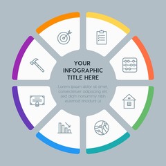 Circle chart business, industry, buildings infographic template with 8 options for presentations, advertising, annual reports