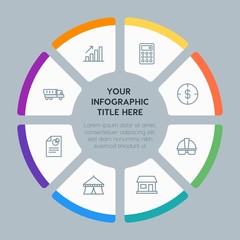 Circle chart business, industry, buildings infographic template with 8 options for presentations, advertising, annual reports