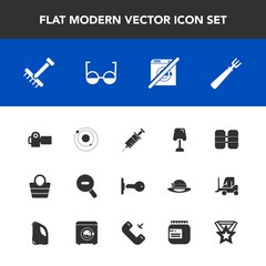 Modern, simple vector icon set with space, wash, medical, interior, gardening, style, fork, photo, key, technology, galaxy, rake, tank, spoon, photographer, fashion, door, photography, table icons