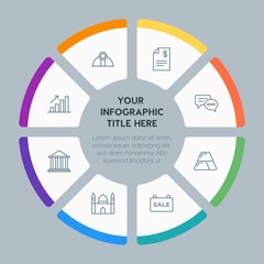 Circle chart business, industry, buildings infographic template with 8 options for presentations, advertising, annual reports
