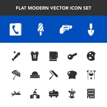 Modern, simple vector icon set with umbrella, rain, roller, brush, roll, book, weather, sport, ball, league, parasol, sunset, handgun, gun, equipment, work, dessert, sun, food, sweet, doughnut icons
