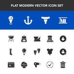 Modern, simple vector icon set with box, jump, sea, summer, recycle, bag, parachuting, dinner, library, tower, anchor, cooking, footwear, sky, waste, sign, sausage, sport, profile, avatar, food icons