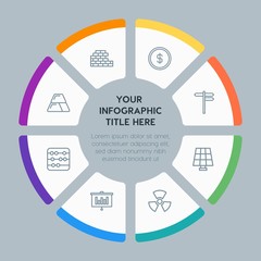 Circle chart business, industry, buildings infographic template with 8 options for presentations, advertising, annual reports