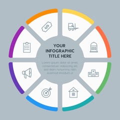 Circle chart business, industry, buildings infographic template with 8 options for presentations, advertising, annual reports