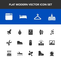 Modern, simple vector icon set with web, sign, kayaking, seasoning, pineapple, religion, boot, sound, launch, cream, hotel, church, cloakroom, travel, sweet, architecture, fruit, ice, rocket icons