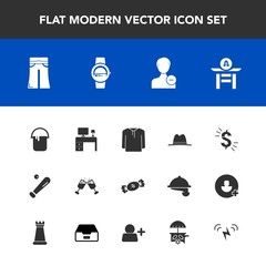 Fototapeta premium Modern, simple vector icon set with work, drink, female, fashion, dollar, lollipop, currency, culture, business, glass, house, alcohol, baseball, jacket, office, woman, league, painter, usd, hat icons
