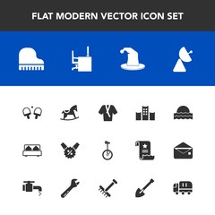 Modern, simple vector icon set with work, business, sale, child, price, hotel, truck, hat, table, cargo, antenna, office, delivery, circus, sunrise, piano, bed, vacation, bathrobe, double, radio icons