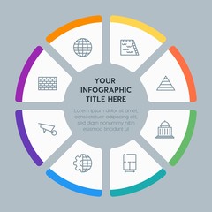 Circle chart business, industry, buildings infographic template with 8 options for presentations, advertising, annual reports