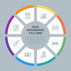 Circle chart business, industry, buildings infographic template with 8 options for presentations, advertising, annual reports