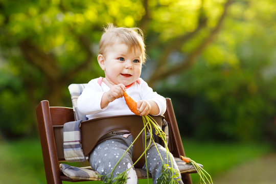 Little Blond Kid Boy Giving A Carrot To Baby Sister. Happy Siblings Having Healthy Snack. Baby Girl Sitting In High Chair