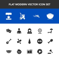 Modern, simple vector icon set with face, success, travel, wheel, summer, dice, kayak, kitchen, sunbed, coffee, casino, fashion, carousel, airplane, tool, tie, flight, river, chair, woman, eye icons