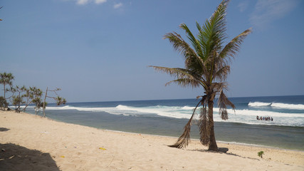 Tropical island with white sandy beach in blue lagoon, palm tree. Patarl white sand beach with turquoise water. Seascape, ocean and beautiful beach. Philippines, Anda, Pangasinan. Travel concept.