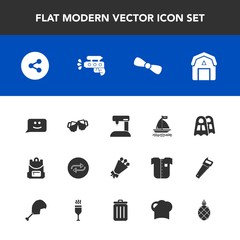 Modern, simple vector icon set with blossom, school, change, bag, game, sport, drink, bow, farming, play, barn, board, pistol, machine, backpack, natural, sign, flower, bouquet, internet, floral icons
