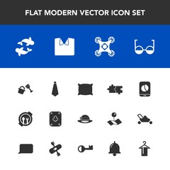 Modern, simple vector icon set with fish, eyeglasses, bell, plate, alarm, bed, pillow, shovel, hanger, kayak, food, home, game, control, new, seafood, kayaking, sea, talk, hat, chart, puzzle icons