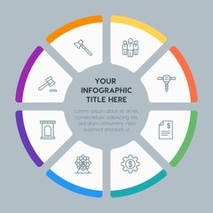 Circle chart business, industry, buildings infographic template with 8 options for presentations, advertising, annual reports