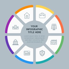 Circle chart business, industry, buildings infographic template with 8 options for presentations, advertising, annual reports