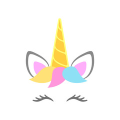 Cute unicorn face. Unicorn head with horn, ears, eyes and hairstyle. Vector © chereliss