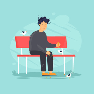 Unemployed sits in a park on a bench feeding birds. Flat design vector illustration.