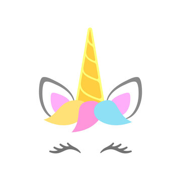 Fototapeta Cute unicorn face. Unicorn head with horn, ears, eyes and hairstyle. Vector