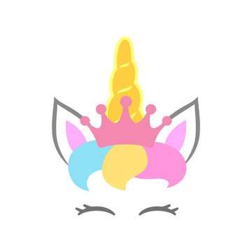 Cute unicorn face with beautiful crown and hairstyle. Unicorn head. Vector