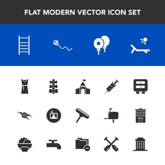 Modern, simple vector icon set with female, roller, dentist, fun, drill, kite, ladder, castle, oar, sunny, architecture, joy, war, military, technology, boat, gym, paddle, dentistry, building icons