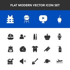Modern, simple vector icon set with boat, sea, doughnut, clothing, school, cooking, barbecue, clothes, energy, vessel, add, account, motorbike, ship, backpack, ocean, health, bag, power, safety icons